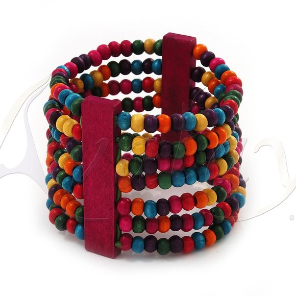 Ethnic African Artisan Made Wooden Bead 10 Row Stretch Bracelet NEW - Picture 4 of 6